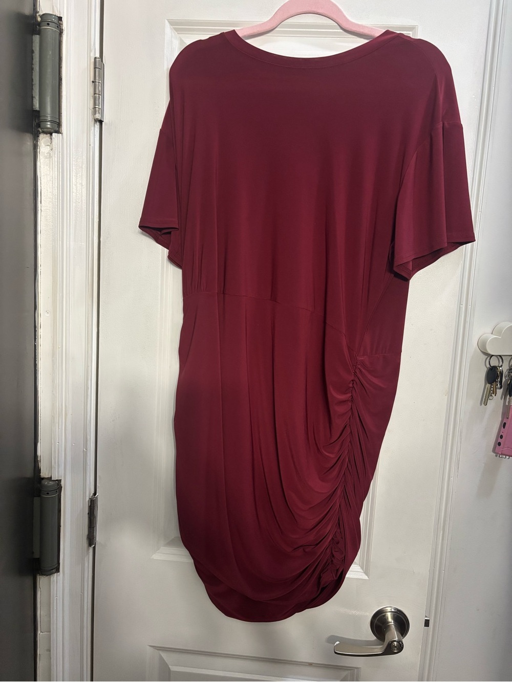 Open Edit Short-Sleeve Ruched Midi Dress in Burgundy